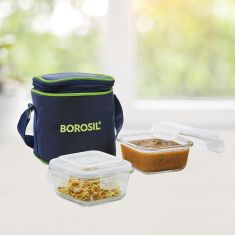 Borosil | Blue Glass Lunchbox | Square x 2 (Tall)